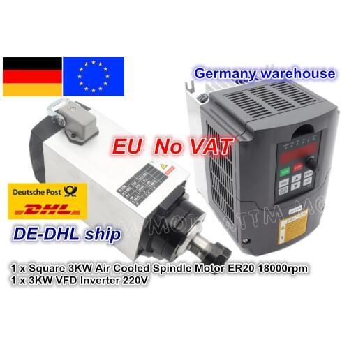 EU ship Square 3KW Air Cooled Spindle motor 18000rpm 300Hz 4 Bearings & 3kw VFD 220V Inverter for CNC Router Engraving Milling