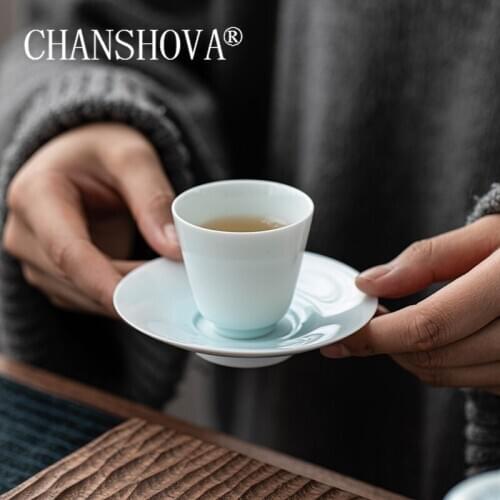 CHANSHOVA Traditional Chinese style 40ml Handmade Ceramic Celadon Blue tea cup and saucer set China porcelain tea set H620