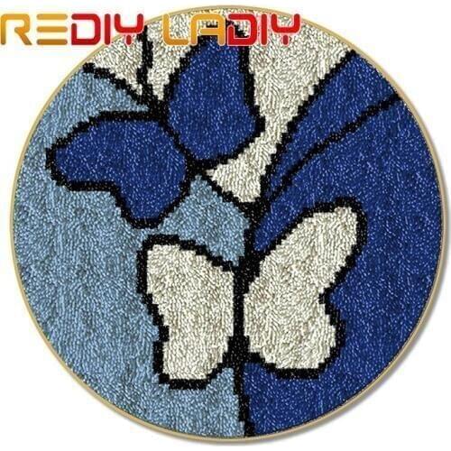 Latch Hook Rug Kits Crocheting Carpet Rug Blue Butterfly Acrylic Yarn Printed Canvas Cushion Mat Crochet Wall Tapestry Crafts