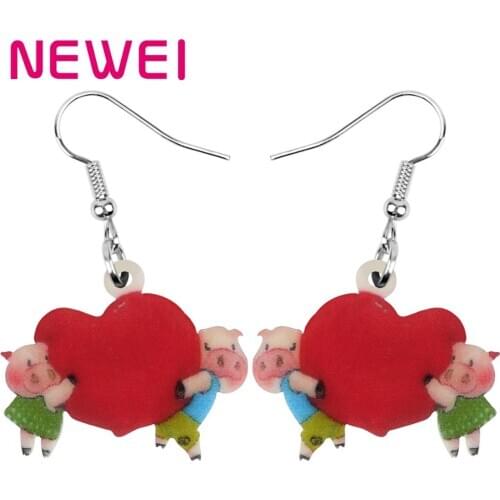 NEWEI Acrylic Valentines Day Heart Pig Piggy Earrings Drop Dangle Jewelry For Women Girl Teen Kid Festival Charm Gift Accessory