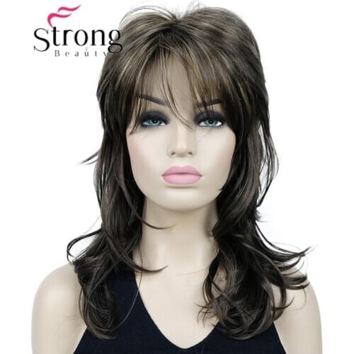 StrongBeauty Brown Highlighted Long Wavy Soft Layered Shag Synthetic Wig for Women