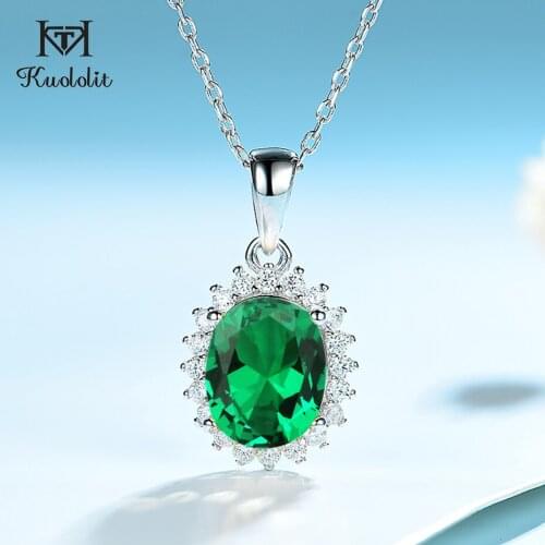 KUOLOLIT 925 Sterling Silver Emerald Gemstone Pendant For Women Diana Gemstone Sapphire Necklace Classic Jewelry Wedding Gift
