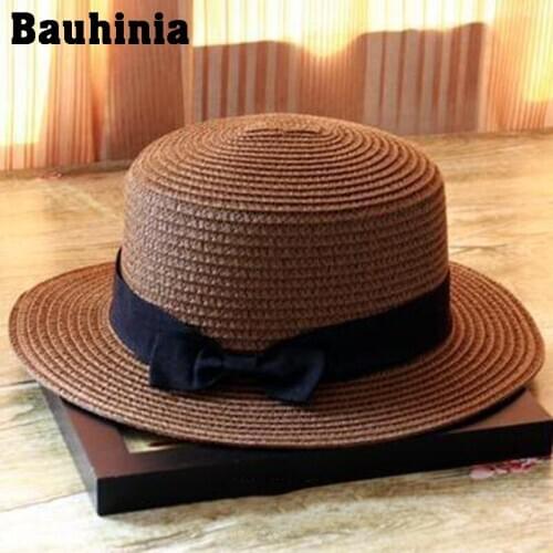 Bauhinia Bow Straw sun Hats women Summer Beach Hat Flat Hats Vacation Dress up Caps