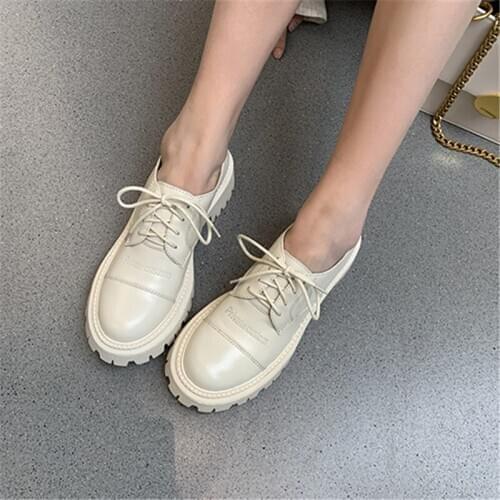 Spring and Autumn Women Shoes Round Toe Lace Up Chunky Heel Pure Color Simple Cow Leather Shallow Mouth Single Shoes Item No.W61