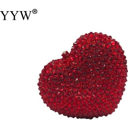 Red And Champagne Heart-Shaped Rhinestone Evening Bag Shoulder Diagonal Bag Clutch Purse For Wedding Or Party For Woman