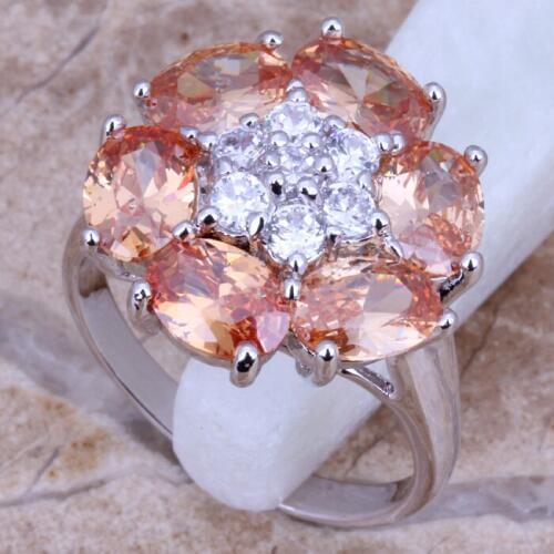 Cheerful Flower Champagne Morganite White CZ Silver Plated Ring Size 6 / 7 / 8 D777
