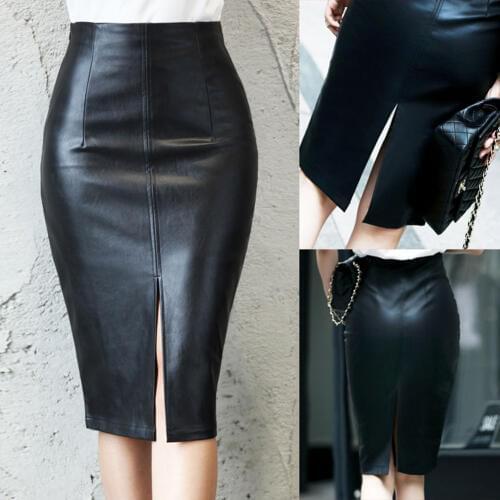 Women PU Leather Pencil Skirt Fashion Knee Length Midi Bodycon Skirts Plus Size -OPK