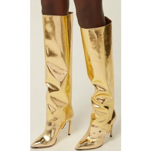 Sexy Runway Boot Pointed Toe Gold Mirror Leather Thigh High Boots Thin Heels Patent Leather Ladies Winter Long Boots Plus Size