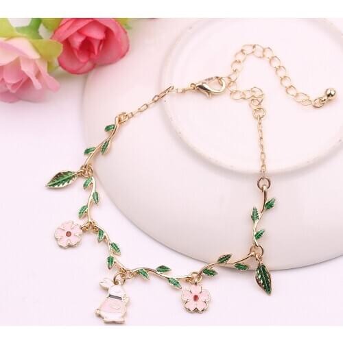 Prety Green Leaves Flower Alloy Charm Women Bracelets Rabbit Girl Bracelet Bangle for Lady Jewelry Gift Heart Bracelet Jewelry