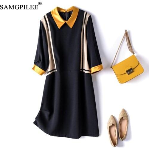 Summer Clothes For Women Office Lady A-line Patchwork Half Sleeve Knee-length Empire Peter Pan Collar Dresses Woman Party Night