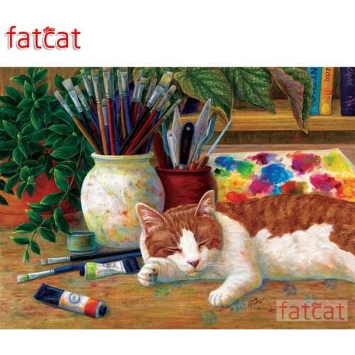 FATCAT 5d diy diamond painting sleeping cat full square round drill diamond embroidery sale animals mosaic home decor AE2200