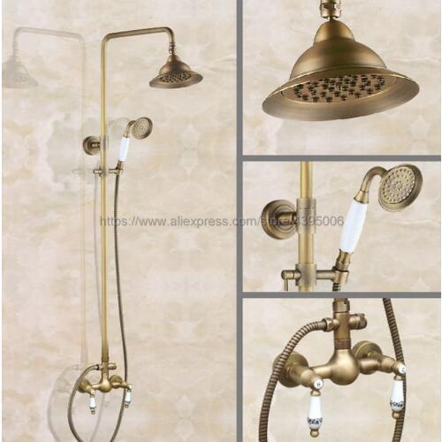 Antique Brass Bathroom Rainfall Shower Faucets Set Double Handle Mixer Tap Wall Mounted Bath Showers Sets Ban110