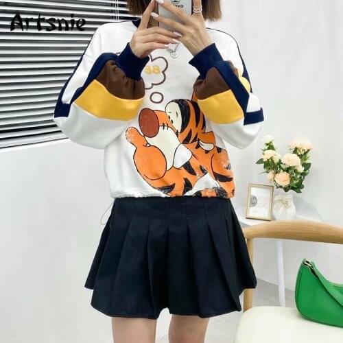 Artsnie Disney Tiger Cartoon Sweatshirt Women Autumn O Neck Long Sleeve Oversized Hoodies Streetwear Patchwork Ladies Sweatshirt