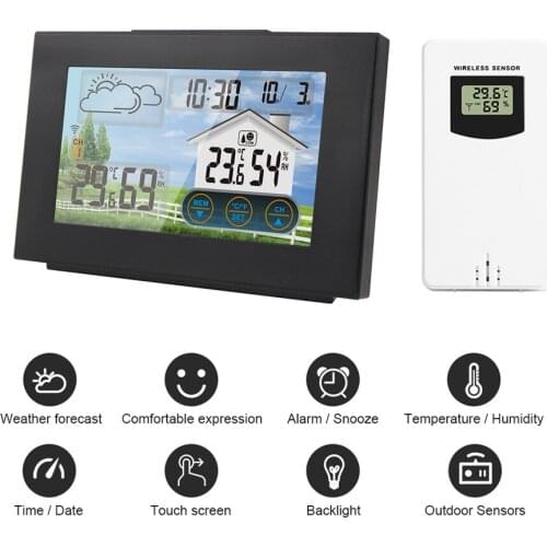 LCD Weather Station Wireless Indoor Outdoor Touch Screen Hygrometer Thermometer Barometer Digital Alarm Clock Weather Forecast