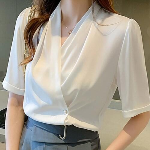 Blusas Blouses Top Femme Short Sleeve White Blouse Women Tops Blusas Mujer De Moda 2021 V-Neck Chiffon Blouse Shirt Shirts E915