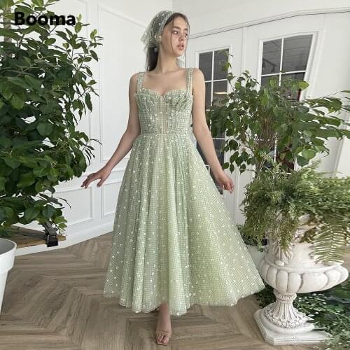 Booma Green Gingham Tulle Midi Prom Dresses Spaghetti Straps Flowers Tea-Length A-Line Party Dresses Open Back Holiday Dresses