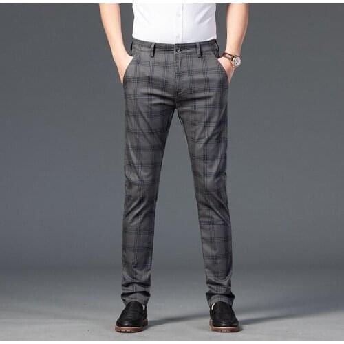Spring Summer Plaid Slim Man Pants Regular Fit Check Mens Trousers Formal Work Black Red 2021 New Fashion Men Trousers,W926