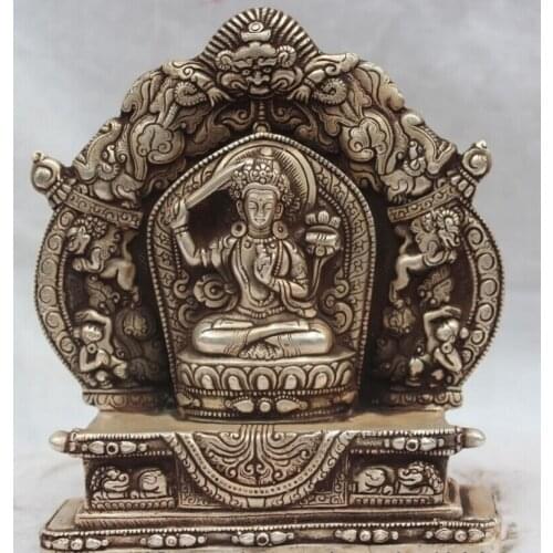 Fast shipping USPS to USA S2081 Tibet Tibetan Silver Buddhist Dragon Wenshu Manjushri Bodhisattva shrine Statue