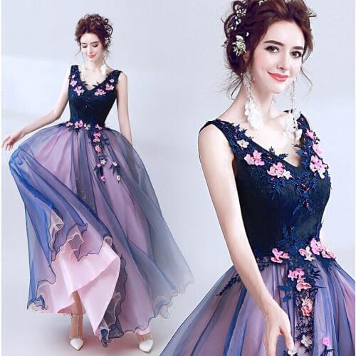 Purple Ball Gown V-neck 3D Flowers Appliques Pearls Elegant Long Elegant Evening Dresses Bride Banquet Party Prom Dress XK58M