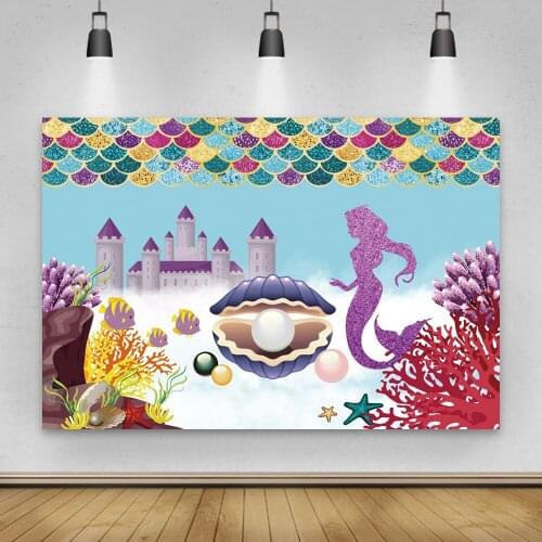 Mermaid Castle Golden Fish Tail Backdrops Photos Background Decor for Kids Birthday Portrait Photography Photocall Studio Props