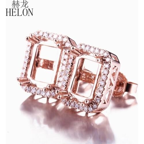HELON Emerald Cut 5x7mm Solid 10K Rose Gold Pave Natural Diamonds Women Fine Jewelry Semi Mount Engagement Wedding Stud Earrings
