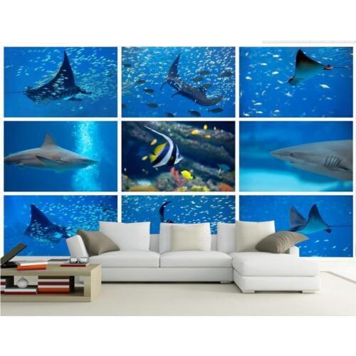 Custom Any Size TV Background Wall Mural Wall Paper Original 3D Underwater World Shark Tropical Fish TV Background Wall