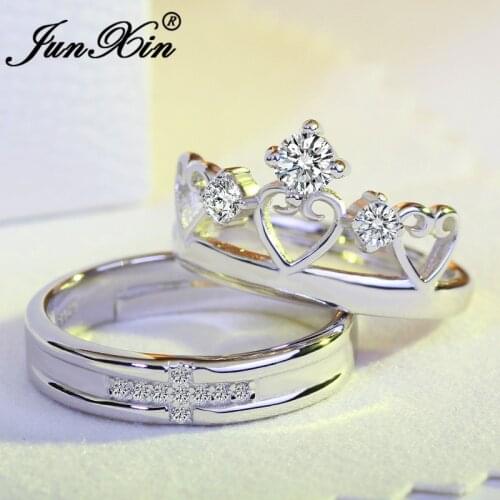 JUNXIN 8 Style Engagement Couple Rings For Women Men Simple Crown Heart Adjustable Ring Fashion Wedding Jewelry Best Gift