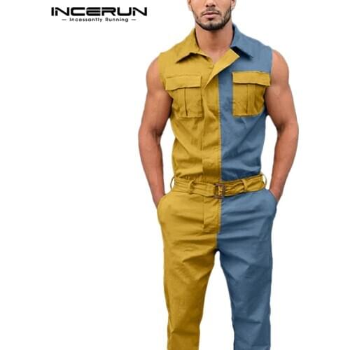 Men Patchwork Cargo Overalls Jumpsuits Lapel Sleeveless Pockets Zipper Streetwear Fashion Casual Men Pants Rompers S-5XL INCERUN
