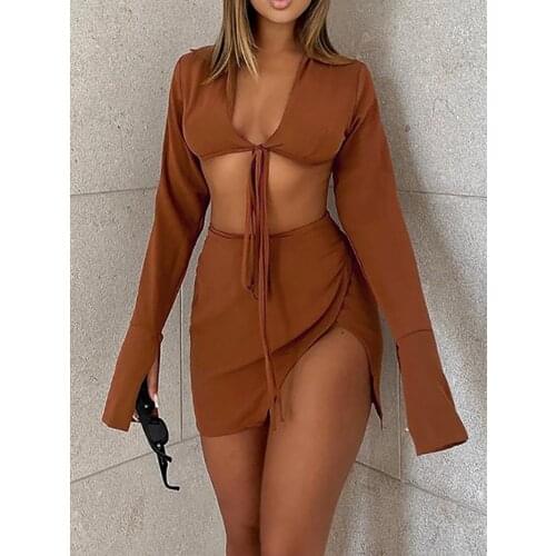 Brown Sexy Tie Front Top with Skirt Sets Women Ladies Fashion Outfits Street Fall Matching Set Split Skirt Club Party Clothes