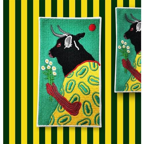 A Cow with Flowers under A Red Sun Embroidery Iron On Patch Clothes Patch For Clothing Embroidered Pathces DIY Free Shipping