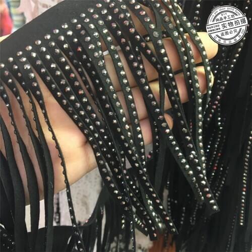 2Yards Beaded Chain Fringe Trimming Lace Ribbon Appliques Black Korean Velvet Drilling Tassels Handmade DIY Lace Hem Accessories
