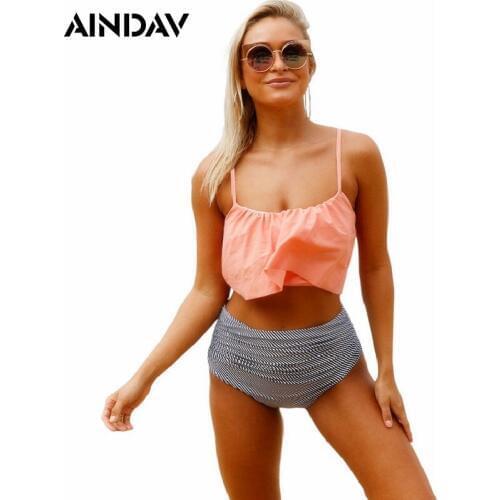 String High Waist Swimwear Women Falbala Swimsuits New 2019 Ruffle Vintage Bikini Swimsuit Striped Bottom Bathing Suits Plus Siz