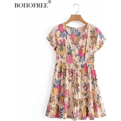 Boho Ethnic Style V Neck Short Sleeve Rayon Cotton Mini Short Dress summer dress mini dress dress for women