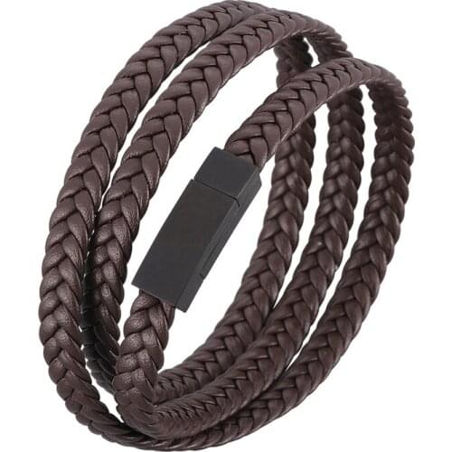 Fashion Multilayer Braided Rope Leather Wrap Bracelets for Men Women Stainless Steel Magnetic Clasp Jewelry Accessories PD1057