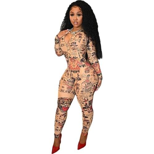 Newest Fashion Printing Women Jumpsuits Sexy Nightclub Party Plus Size S-5XL Ladys Zipper Skinny Rompers Spring Newest 2021