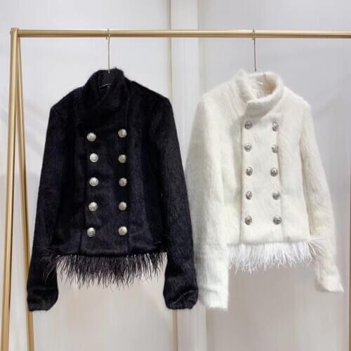 Grade New mink high velvet solid double breasted small Mock Neck ostrich hair splicing warm fur coat can customized big size
