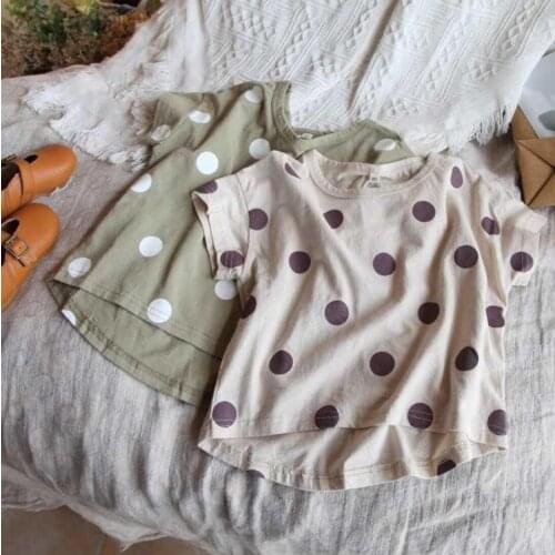 2021 new arrival girls boys dots tee summer short sleeve casual cotton linen kids t-shirt