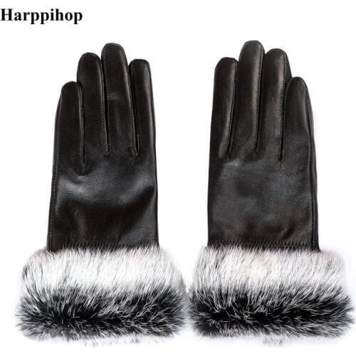 Winter giving birthday gift womens rabbit fur sheepskin genuine leather gloves fur one piece finger gloves