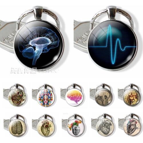 Heartbeat Sign Pendant Anatomical Heart Keychain Glass Cabochon Jewelry Metal Key Chain Ring Men Doctors Halloween Gift