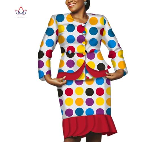 Causal Long Sleeve African Women Clothes Tops and Skirt Set Bazin Riche African Clothing 2 Pieces Customize Skirts Sets WY6533