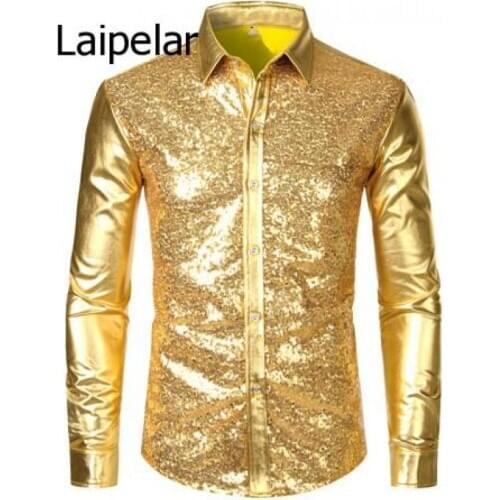 Black Sequin Glitter Dress Shirt Men Shiny Long Sleeve Button Down 70S Disco Party Dance Shirt Male Christmas Halloween Costume