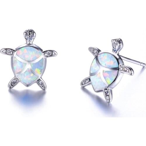 Luxury Female Blue White Opal Stone Earrings Simple Silver Color Stud Earrings Classic Crystal Turtle Wedding EarringsFor Women