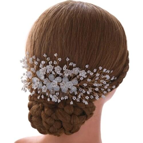 SLBRIDAL New Handmade Crystal Rhinestones Pearls Flower Wedding Hair Comb Bridal Headdress Hair Accessories Women Jewelry