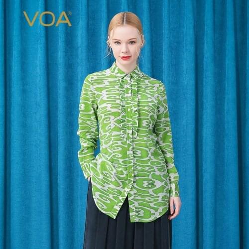 VOA Silk Polo-Neck Three-dimensional Wood Ear Decorative Womens Tops BT012 Architectural Printing Single-breasted Green Shirts