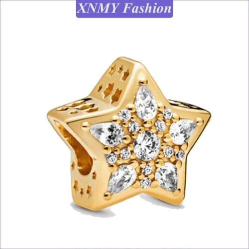 XNMY Hight Quality Gold Color Sparkling Pentagram Beads Charm Fit Original Pandora Bracelet&Bangle Making Fashion DIY Jewelry
