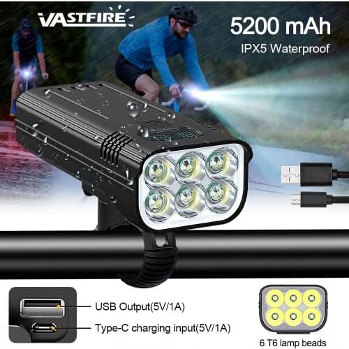 6LED Bike Light 3600 Lumen USB Rechargeable 5200mAh Bicycle Light Flashlight Front Back Rear Light for Outdoor MTB Road Cycling