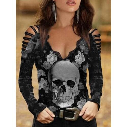 Off Shoulder Blouse Women Gothic Style Skull Print Floral Blouse Spring Autumn Casual Long Sleeve Sexy Hollow Out V Neck Blouses