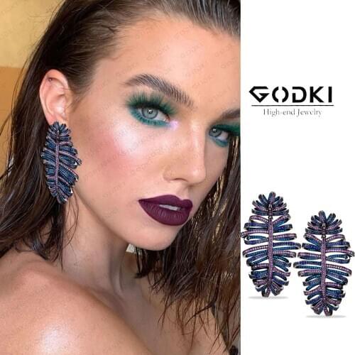 GODKI MAXI Feather Statement Earrings for Women Wedding Famous Design 2020 Charms Cubic Zircon Wedding Party Accessories