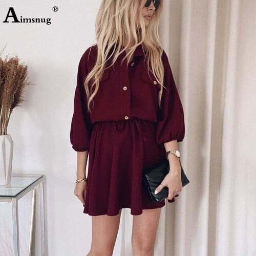 2021 Summer Women Shirt Dress Ladies Elegant Leisure Casual Mini Short Dress Three Quarter Sleeve Slim Waist Dresses Robe Femme