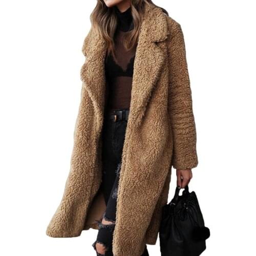 60%HOTWomen Winter Thicken Plush Lapel Solid Color Long Sleeve Warm Cardigan Midi Coat